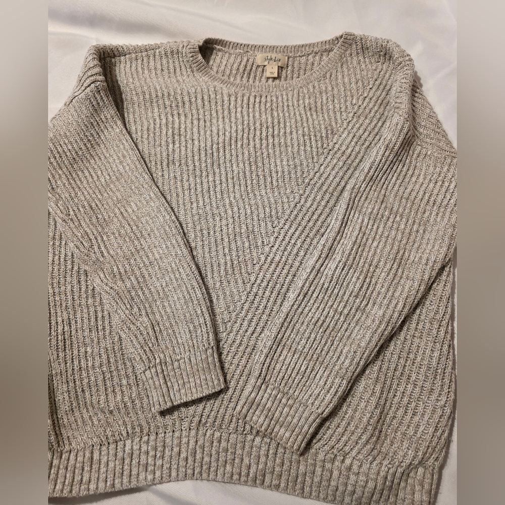 Style & Co Ribbed Knit Sweater Size Large | Neutral Oatmeal Cozy Pullover